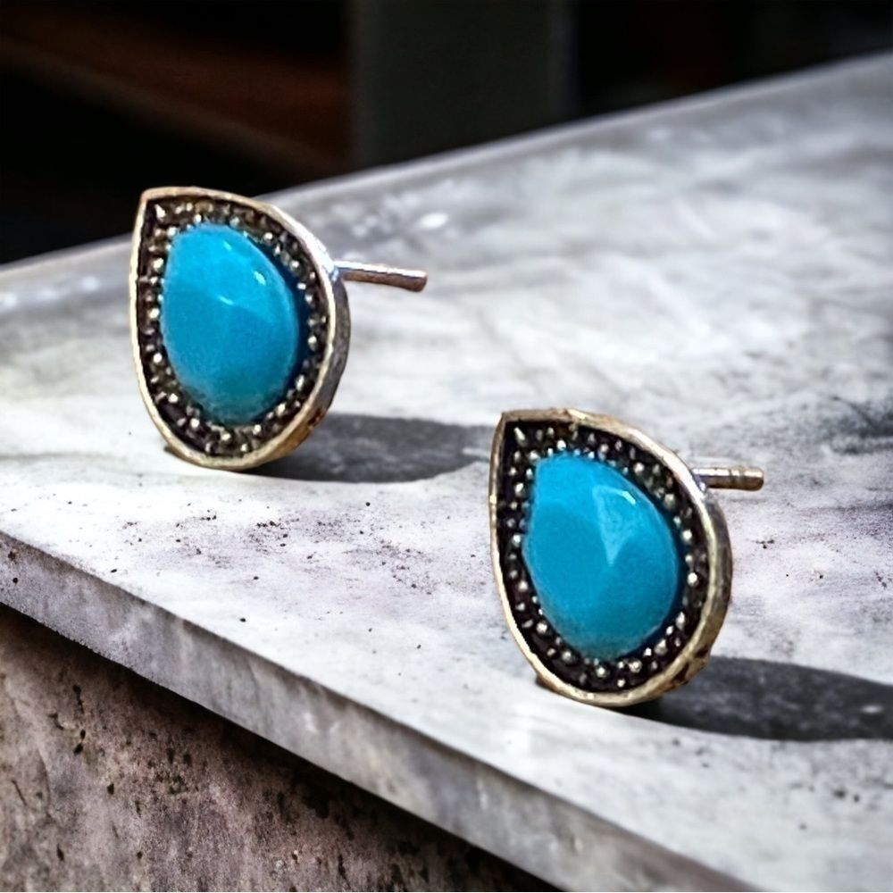 Bohemian Tribal Stud Earrings Turquoise Stone Antique Silver